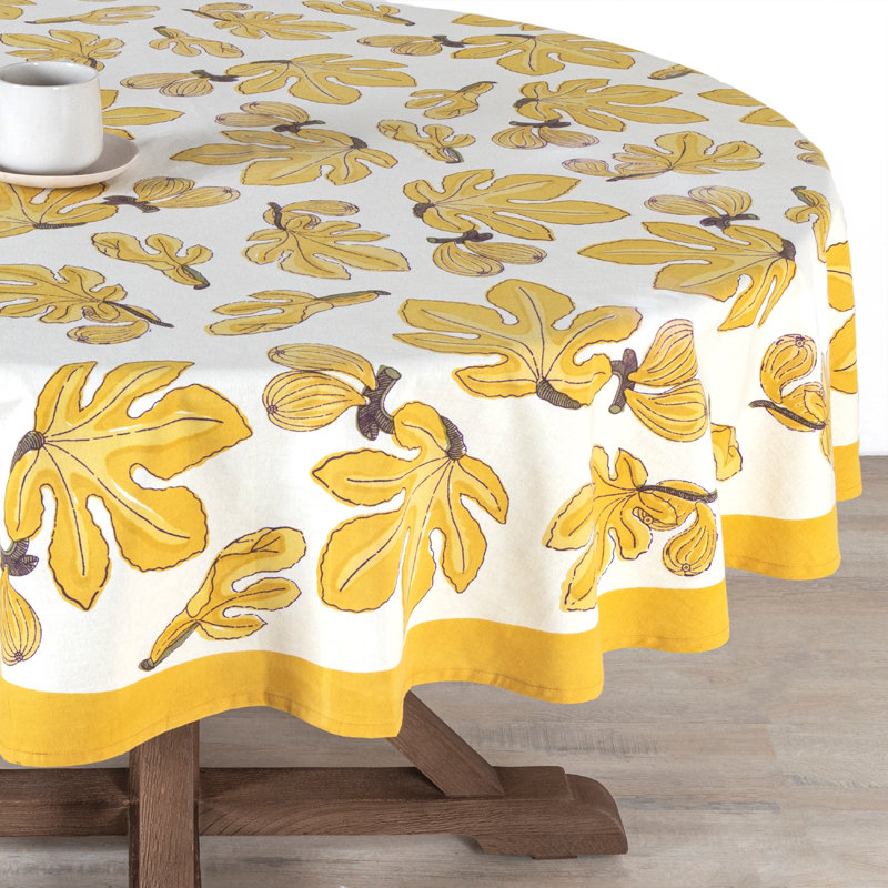 Fig Handmade Floral Tablecloth, 70" Round, Yellow/White