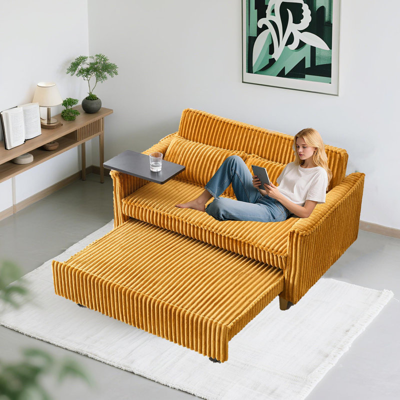 3-In-1 Convertible Corduroy Sleeper Sofa Bed With A Movable Tabletop And USB Ports, Yellow