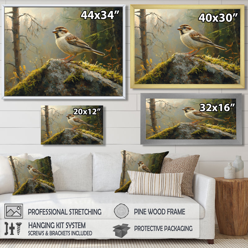 Oiseau moineau sur un rocher de forêt II - art mural oiseau pour le salon, H 24 po x l 32 po, Cadre flottant, Doré