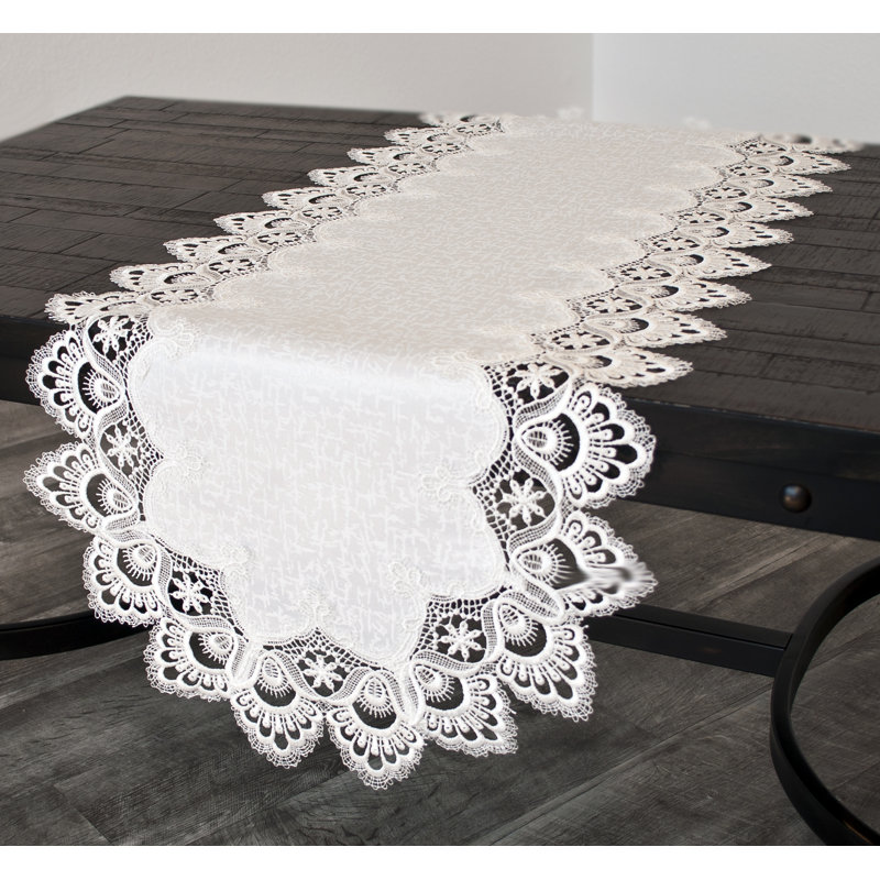 Colfontaine White European Lace and Antique Jacquard Fabric Table Runner, 54" x 16"