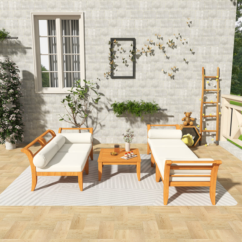 Ensemble de conversation de patio en bois 6 pièces avec coussin beige