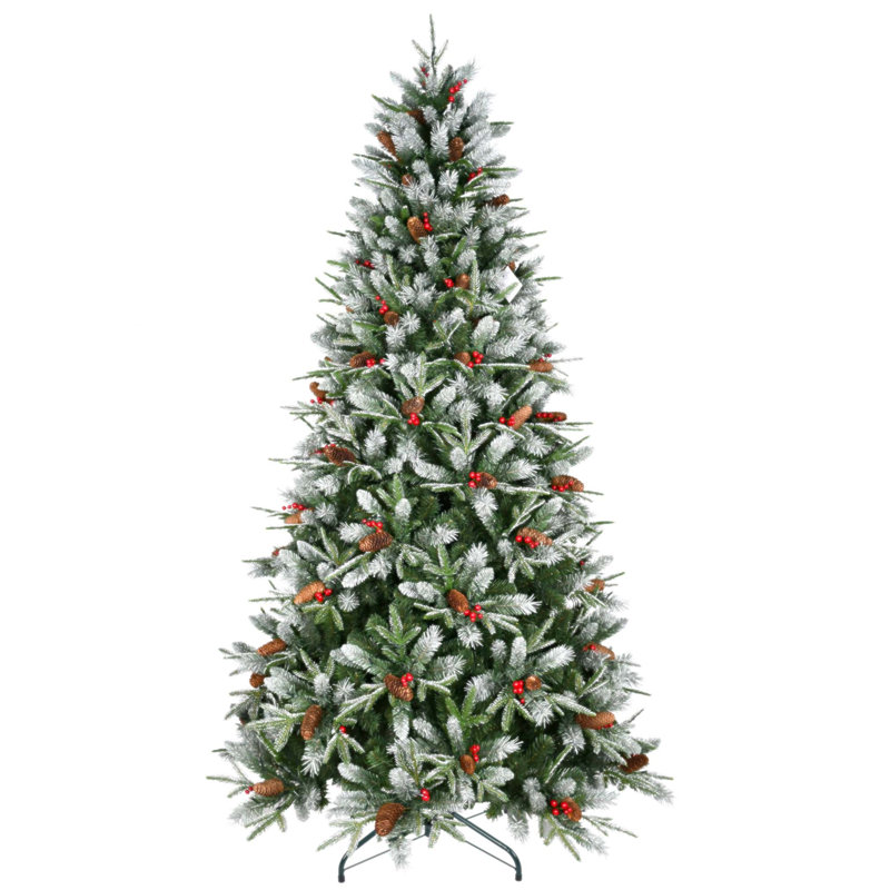 6FT Snow-Dusted Christmas Tree with Red Berries & Pine Cones, Hinged Design for Easy Setup, Full and Natural Holiday Decoration