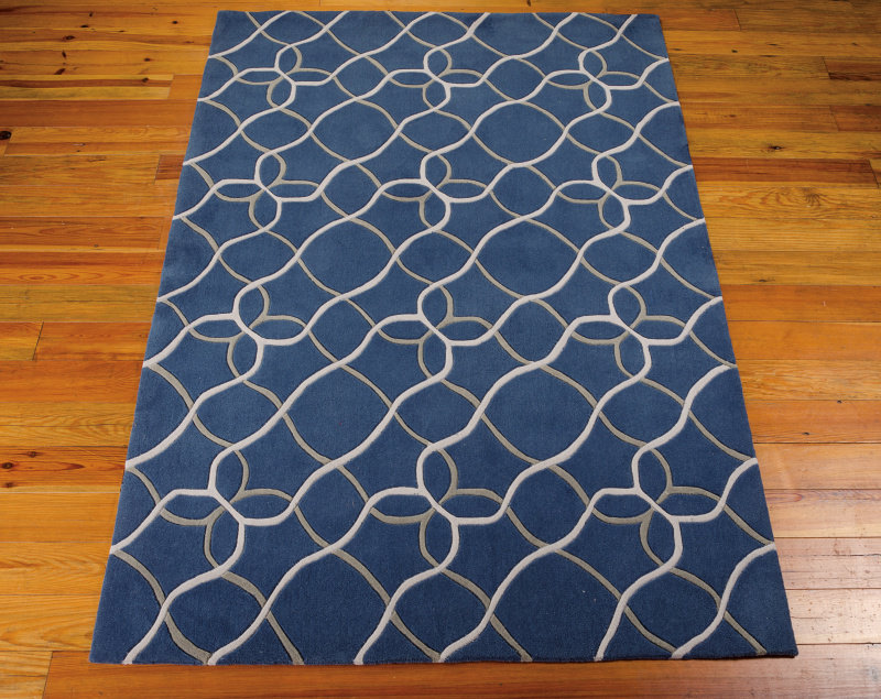 Tapis bleu / blanc touffeté à la main Alarick, Rectangle 7 pi 3 po x 9 pi 3 po