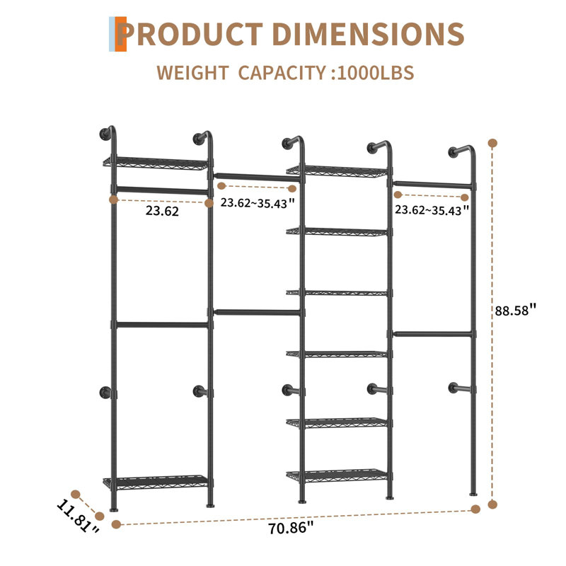 Portemanteaux mural 4 niveaux, extensible 23,6-35,4 po, 8 tablettes grillagées, noir mat
