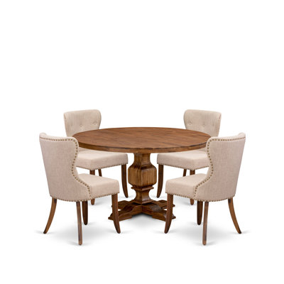 5-Pc Kitchen Table Set consists of a Pedestal Table and 4 Light Tan Linen Fabric Dining Chairs with Button Tufted- Antique Walnut