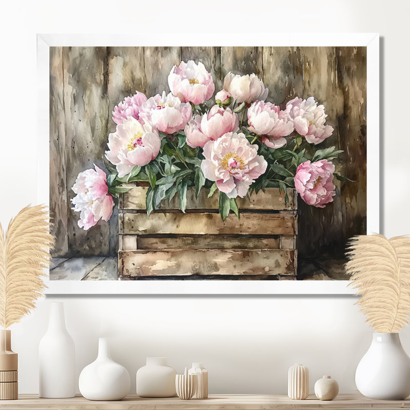 Pivoine campagnarde - Bouquet de pivoines, H 34 po x l 44 po, Blanc, Floater Framed