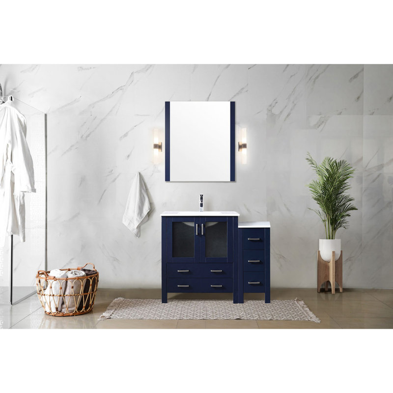 Meuble-lavabo simple bleu marine 42 po W, armoire latérale, plateau en céramique blanche, robinet en acier inoxydable, fonction de fermeture en douceur, 5 tiroirs et 1 armoire intérieure large pour la salle de bain avec surface, robinet,