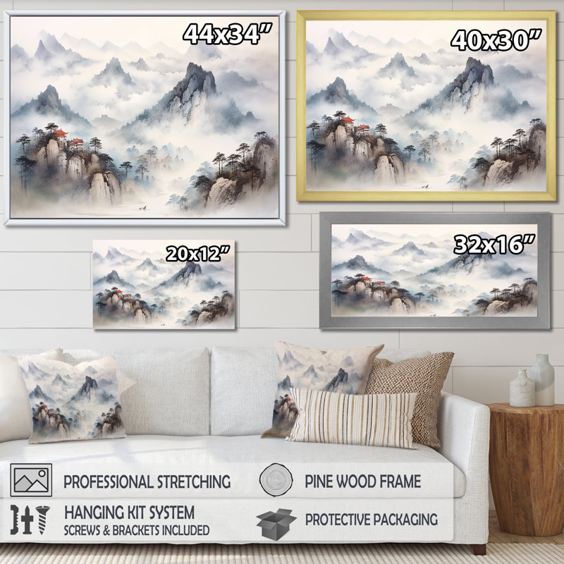 «Gray River China Landscape III», art mural Chine, Cadre flottant brun, H 32 po x l 16 po x P 1 po