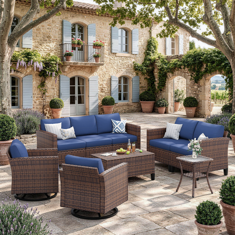 6-Piece Outdoor Patio Set With 360° Swivel Rockers - All-Weather Wicker Conversation 7 Seating, Navy Blue