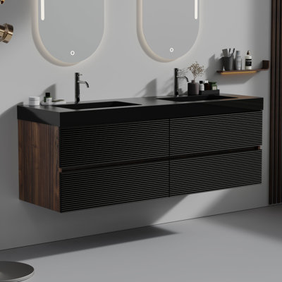Meuble-lavabo mural avec plateau noir mat et 4 tiroirs