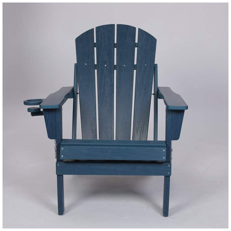 Chaise Adirondack en PEHD pliable, mobilier de patio extérieur bleu marine résistant aux intempéries avec porte-gobelet double et texture bois - capacité de 350 lb