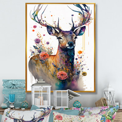 " Cute Deer Floral I " Graphic Art Print