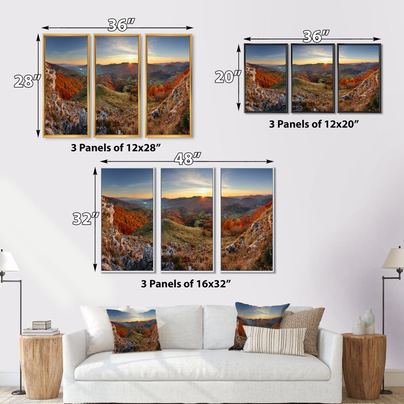 «Majestic Sunset In Mountain Landscape», ensemble de 3 toiles encadrées, H 28 po x l 36 po x P 1 po, Cadre naturel flottant
