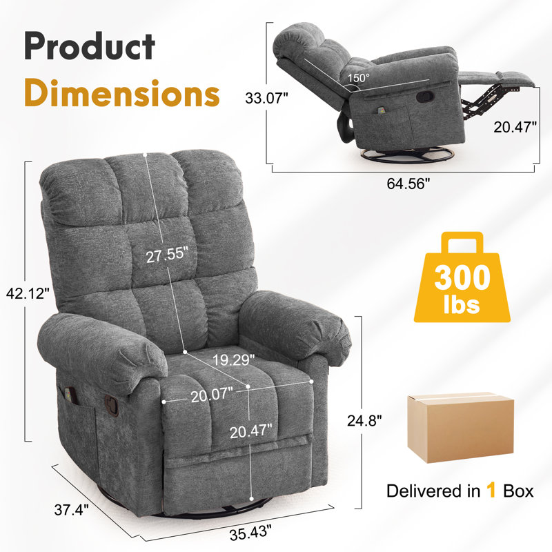 Recliner Chair, 360° Swivel Recliner with Heat & Massage, Chenille Upholstered Manual Recliners with Side Pockets, Gray