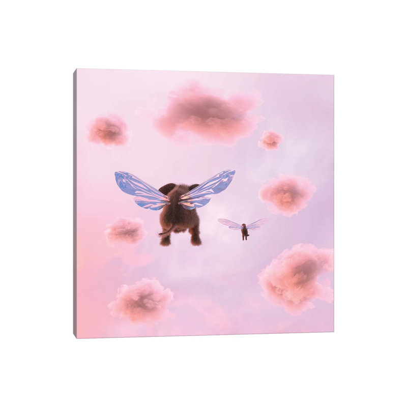 «Elephant and Dog Are Flying in the Clouds» par Mike Kyiv - reproduction d'art, H 26 po x l 26 po x P 1,5 po, Toile tendue