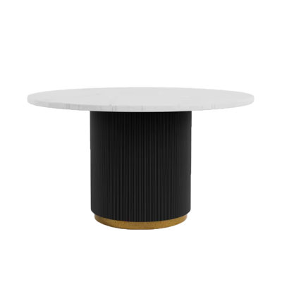 Voa Dining Table, 54 Inch Round, White Marble Top, Black Reeded Base