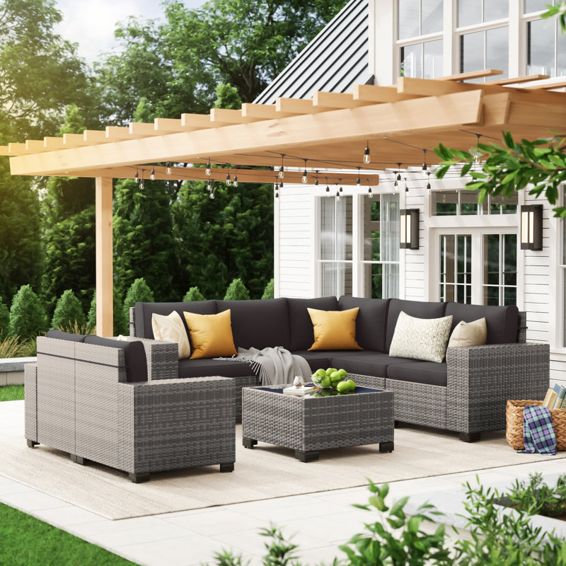 7 - Person Outdoor Rattan Sectional Seating Group With Cushions, Gray, Black
