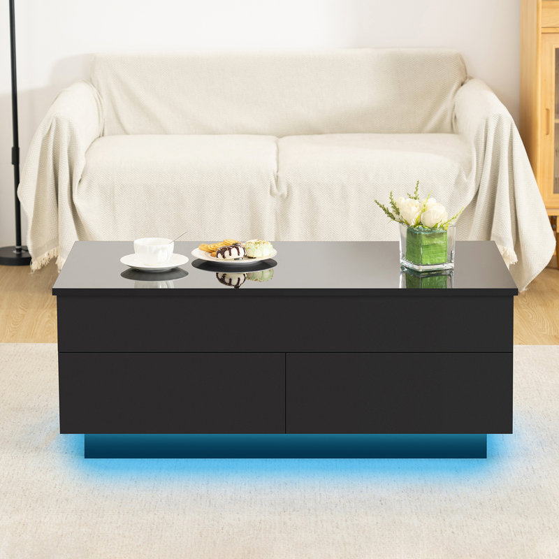 Black Rectangular Wood Lift-Top Coffee Table with Storage and LED Lights
