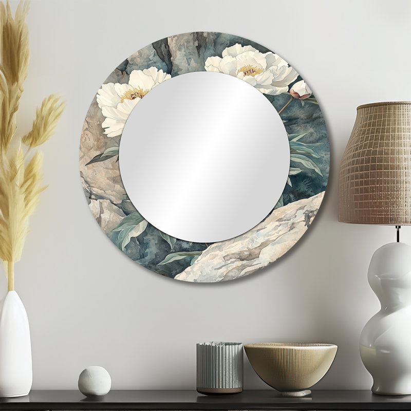 Pivoines monochromes par la falaise I - décoration murale miroir floral - imprimé sur métal, 23 po x 23 po