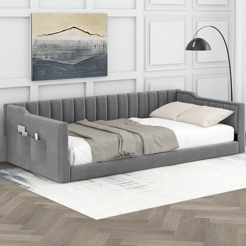 Upholstery Daybed And Side Storage Pocket, Twin Xl Daybed, Upholstered Day Bed, Gray