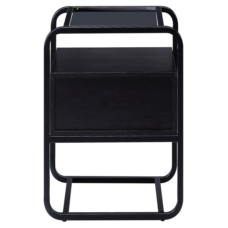 Table d'appoint noire tendance avec verre et intérieur de tiroir secret incassable