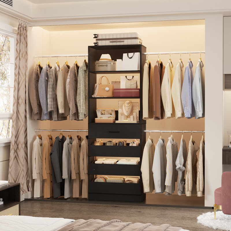 Seward 4-9Ft Closet Organizer With 4 Wooden Drawers And 4 Rods, Silver