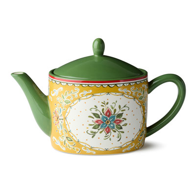 Théière en céramique Provence 36 oz - Style champêtre français rétro avec couvercle vert - Motif floral d'inspiration populaire - Service pour thé, cacao et réceptions - Décoration de table cadeau