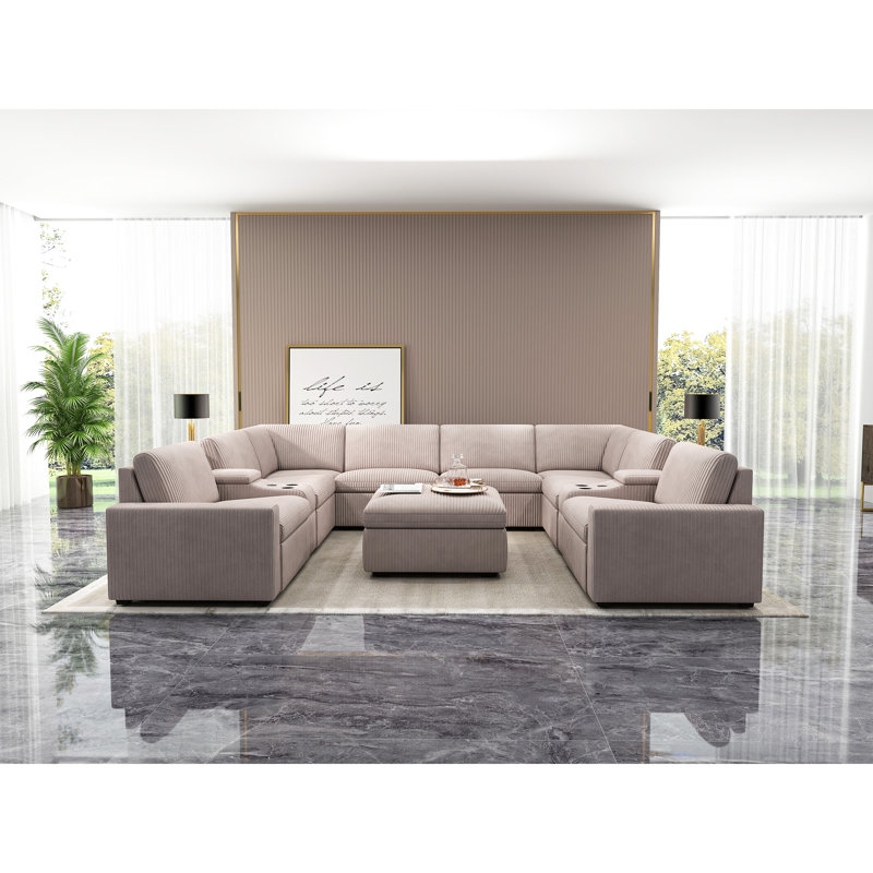 11 Piece Modern Corduroy L Shaped Power Reclining Sectional Couch with Storage & Wireless Charging, Mushroom Taupe Corduroy