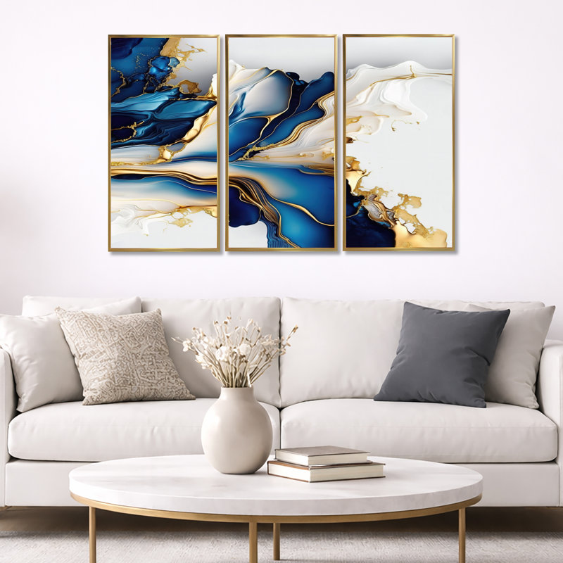 Géode abstraite dorée et bleue forme de marbre III - impression moderne sur toile 3 pièces, H 28 po x l 36 po, Doré