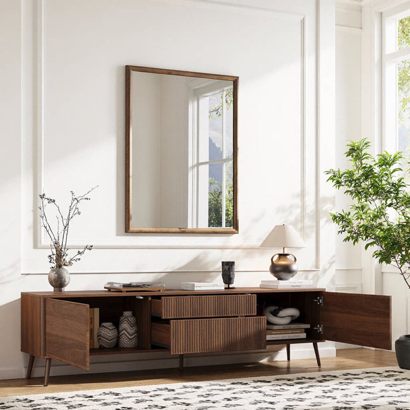 Meuble télé 70 po sans poignée pour téléviseurs de 65 à 80 po, console multimédia en noyer moderne avec portes à pousser, tiroirs profonds et standard, charnières à fermeture en douceur, gestion des câbles