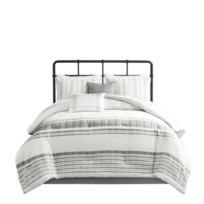Full Size Cotton Bedding . White/grey. Vertical Textured Stripes. . Oversized Comforter. Includes Bed Skirt & Decorative Pillows. Comforter White With Grey Textured. Filling. Skirt, Shams Pillows