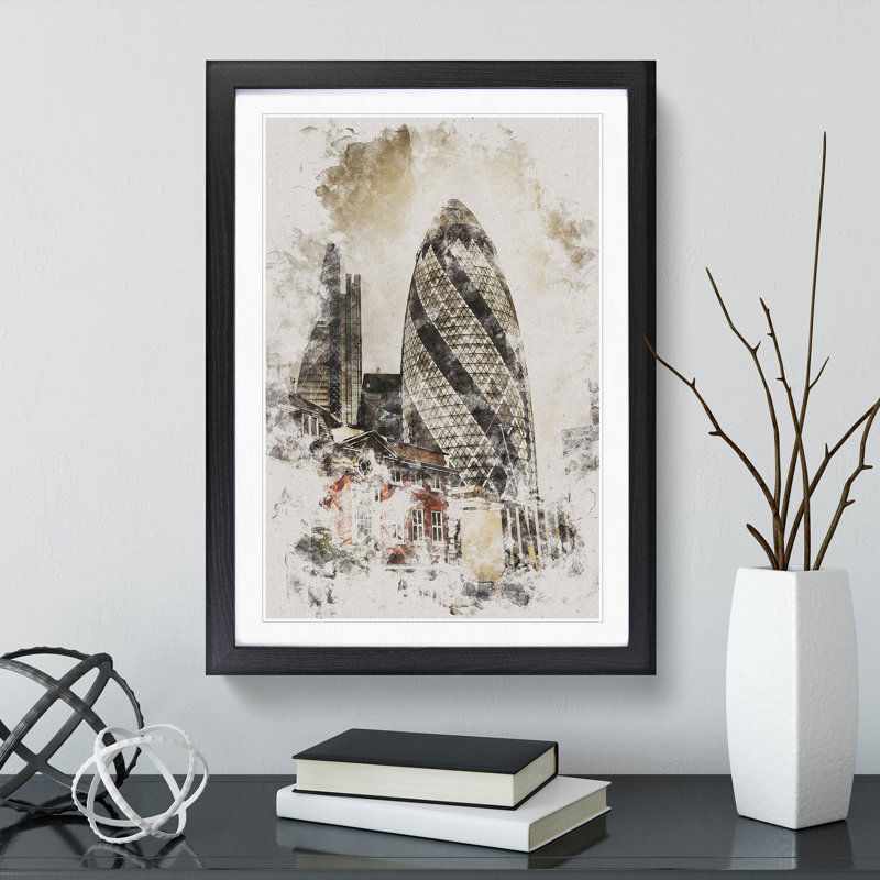 The Gherkin in London Watercolour - Framed Print, 65cm H x 48cm W x 2cm D, Black Framed