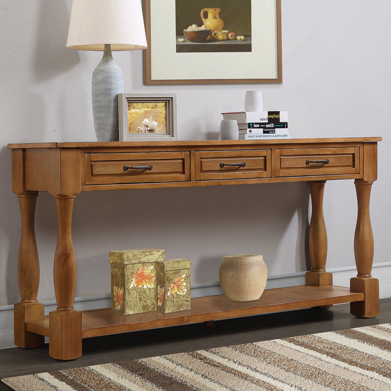Console de 63 po de long en bois avec 3 tiroirs et 1 tablette inférieure pour le vestibule, Brun