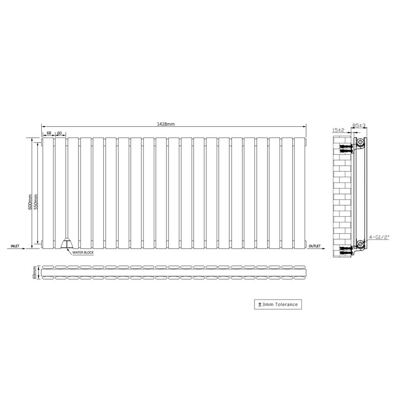 Shonda Horizontal Double Flat Panel Radiator, 60cm H x 142.8cm W, Normal Black