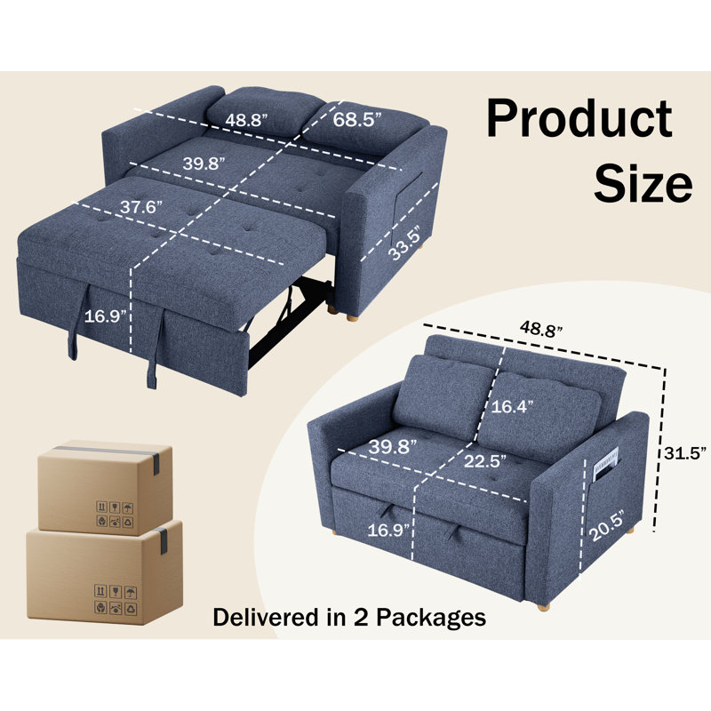 48.8" Wide Upholstered Reclining Sleeper Sofa, 	Blue