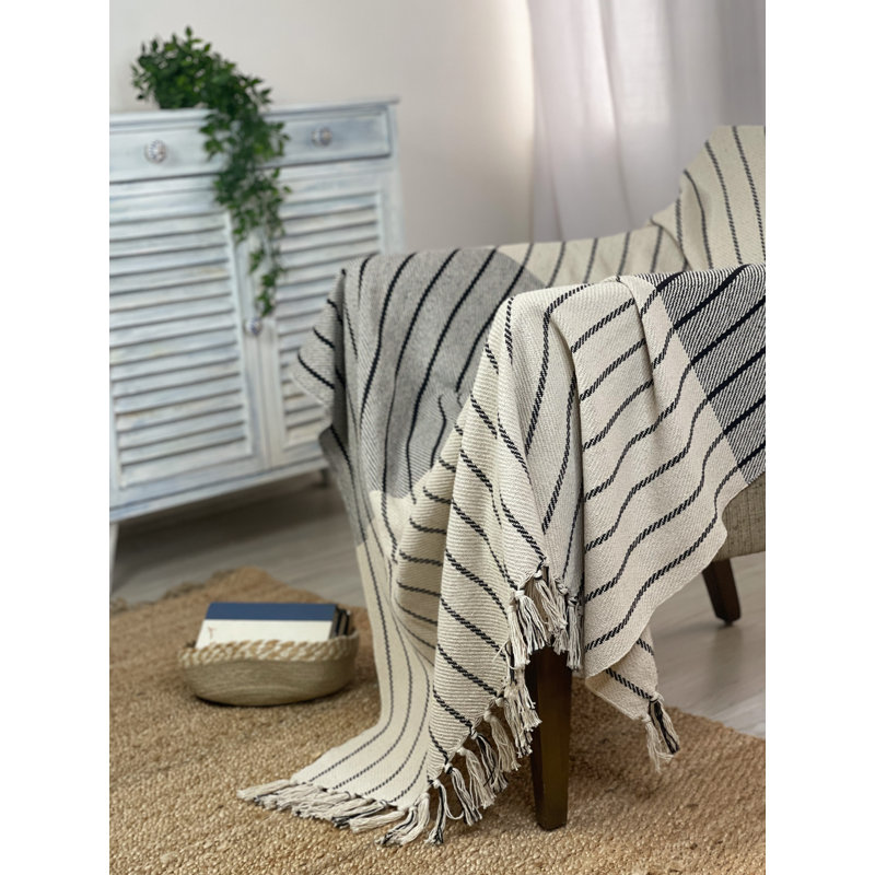 Black and Ivory Recycled Cotton Oslo Throw Blanket with Fringes
