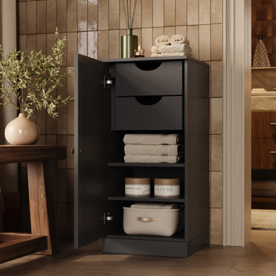 Armoire de rangement de salle de bain 100% bois massif, porte à panneau surélevé, 2 tiroirs, tablettes réglables, 16,5 po de largeur, 35,75 po de hauteur