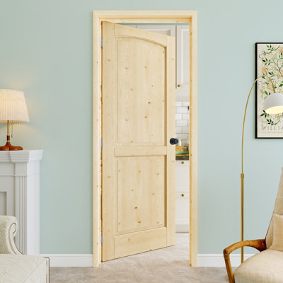 30" x 80" 2-Panel Pine Wood Interior Prehung Door with Round Knob and Silver Hinges, Natural Pine Wood, Paintable & Waterproof, Suit for Laundry, Closet Doors, Room Doors, Left Hand