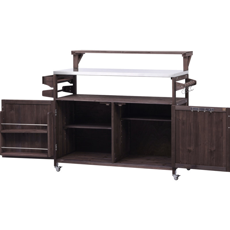 Outdoor Grill Cart With Raised Shelf - Solid Wood Storage & Lockable Wheels For Mobility Style Rolling Towel Rack Convenience