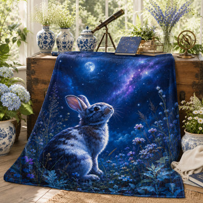 Couverture en flanelle à motif de lapin galaxie, fleurs sauvages au clair de lune et champ d'étoiles bleues, idéale pour le canapé, le lit, le coin lecture et les soirées paisibles, 76 x 102 cm