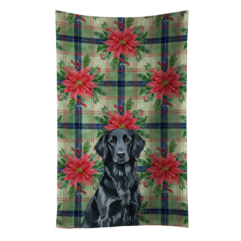 Black Flat-Coated Retriever Christmas PoinsettIas Kitchen Towel, Black Flat-Coated Retriever