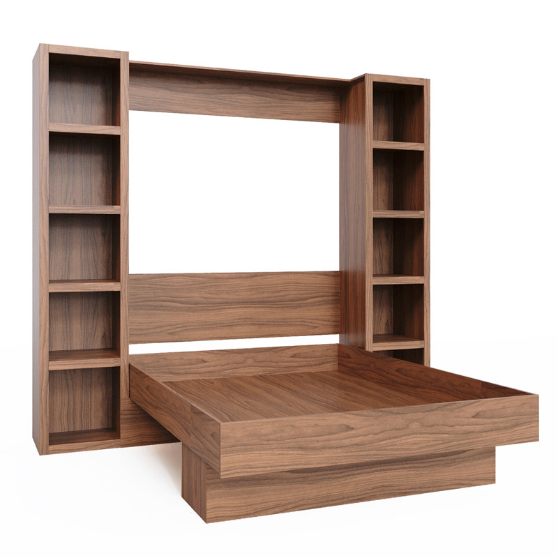 Easy-Lift Murphy Wall Bed in Wood Grain with Two Bookshelves, Brown, Queen