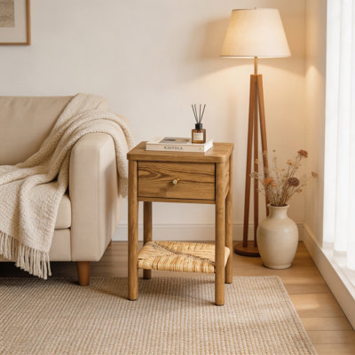 Table de chevet en noyer avec tablette et tiroir en jute tressé, pieds ronds en bois massif – Table d'appoint aux bords arrondis pour chambre et salon