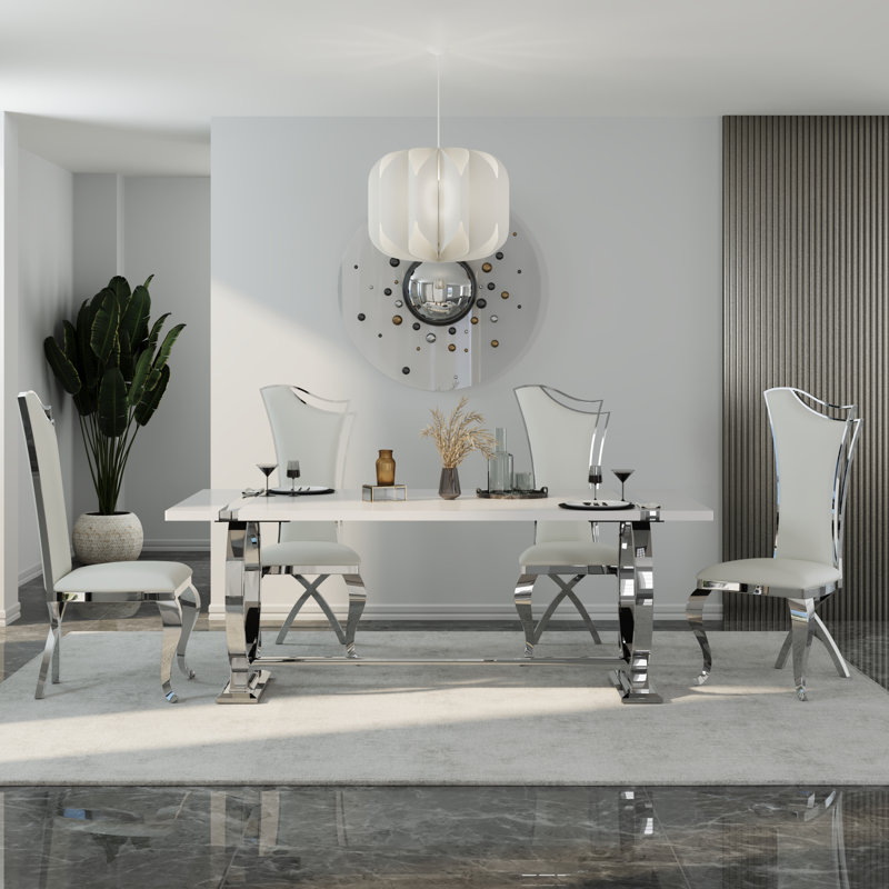 Ensemble de table de salle à manger 78 pouces blanc et argent avec 4 chaises en cuir chromées blanches, Argent argent