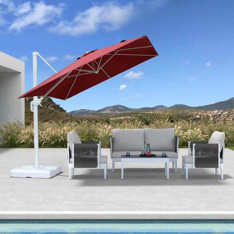 Parasol carré de 8 pi en polyester blanc avec base et rotation à 360 °, 96" W x 96" D, Rouge