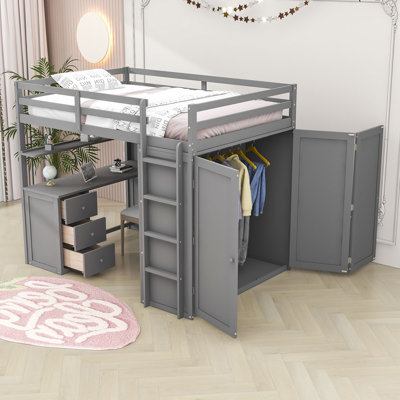 Keisler Full Size Wood Loft Bed with 3 Drawers, Desk and Wardrobe