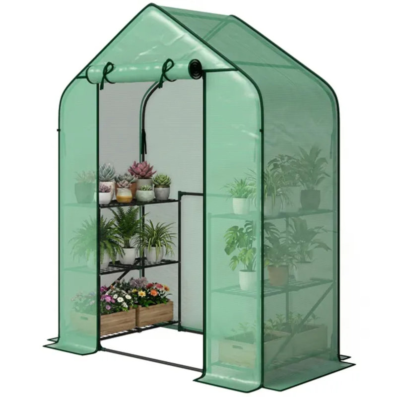 6-shelf Portable Walk-in Greenhouse, Outdoor Plant Greenhouse With Uv-resistant Pe Cover And Roll-up Zipper Door, Green