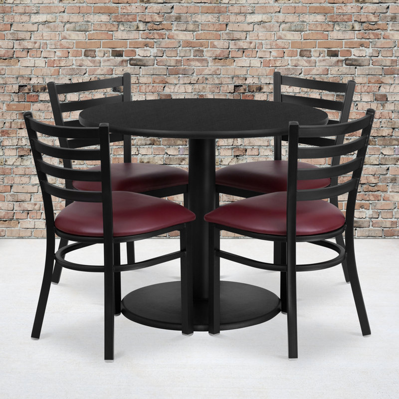Neelam 36'' Round Laminate Table Set with Round Base and 4 Ladder Back Metal Chairs, Black Faux Leather, Burgundy
