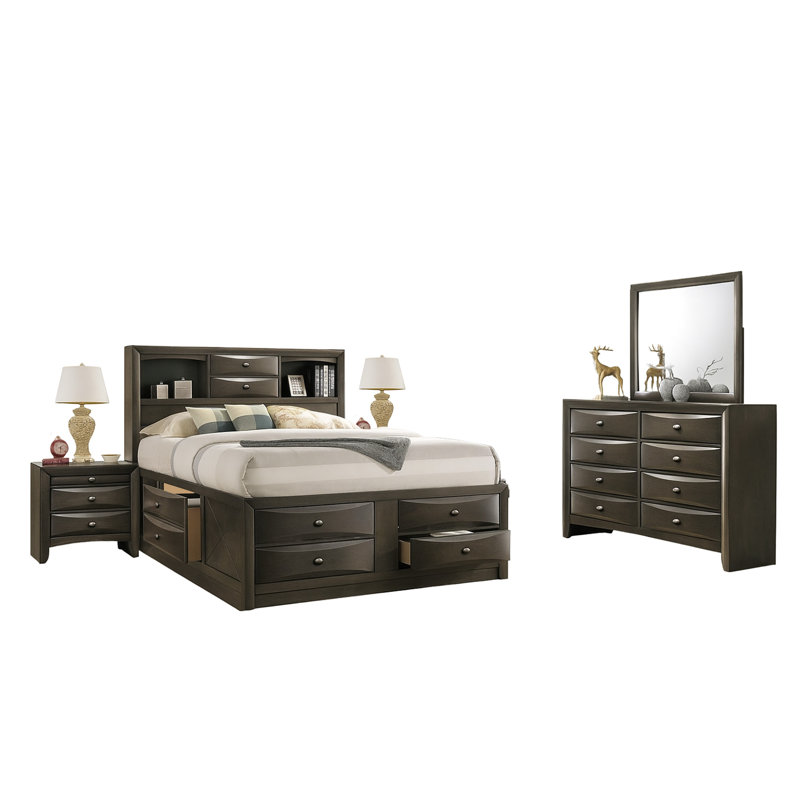 Ensemble de chambre à coucher grand avec 5 pièces Simo, tête de lit bibliothèque, 2 tables de chevet, gris, Gris