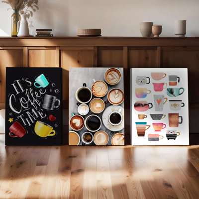 Ensemble de 3 affiches murales encadrées, style « Pause café », avec motifs de tasses à café, de latte art et de tableau noir. Décoration murale moderne pour la cuisine, le coin café, la salle à manger et la maison. Prêt à accrocher.